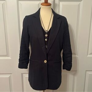 MICHAEL KORS Navy Linen Ruched Sleeves Blazer